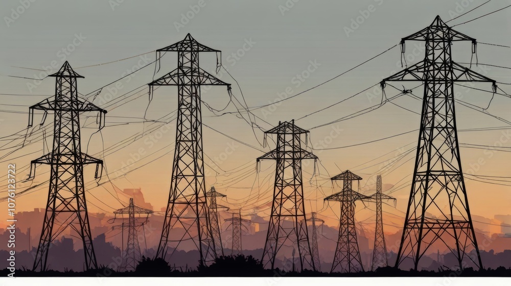 Against a colorful sunset backdrop, a row of power lines and towers symbolize energy transmission and communication in cityscapes that blend technology with nature. Against a colorful sunset backdrop, a row of power lines and towers symbolize energy transmission and communication in cityscapes that blend technology with nature.