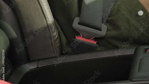 Close-up of black male hand buckling up seat drivers seat belt for safety drive during road trip.