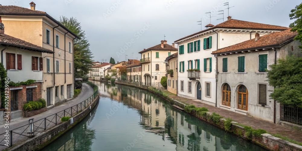 Picturesque Canal in a Charming European Town with Traditional Architecture, Minimalist Style, Tranquil Scene, Serene Waters, European Heritage, Quaint Streets, Timeless Beauty