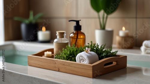 A tranquil bathroom set featuring a wooden tray with essential oils, scented candle, rolled towels and greenery to create a soothing spa-like atmosphere.
