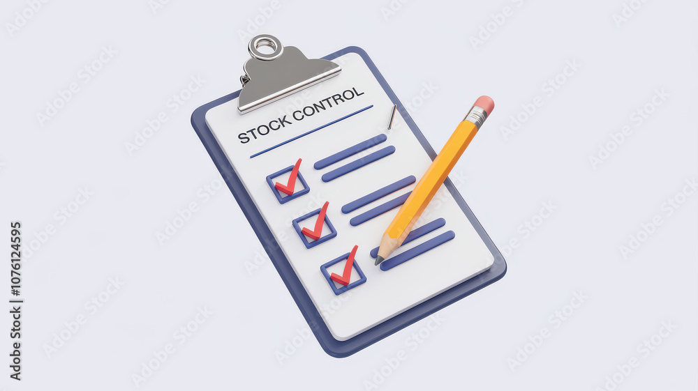 3D illustration of clipboard with stock control checklist and pencil 3D illustration of clipboard with stock control checklist and pencil