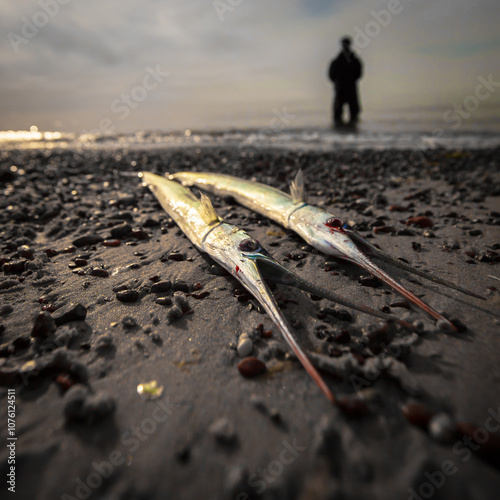 two garfish caught by an angler, garfish, Belone belone, garpike, needlefish, sea needle, sea, shore, sand, beach, fishing, fish, on the shore, angler silhouette,  photo