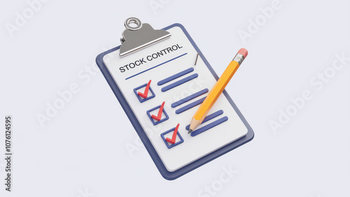 3D illustration of clipboard with stock control checklist and pencil