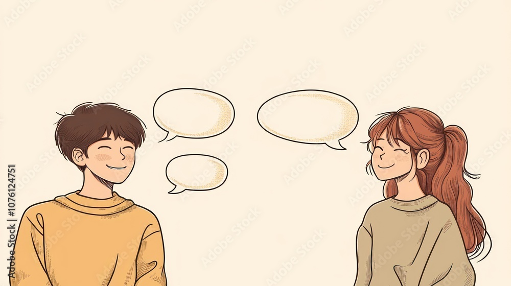 Two smiling characters engaged in conversation with speech bubbles above them. Two smiling characters engaged in conversation with speech bubbles above them.