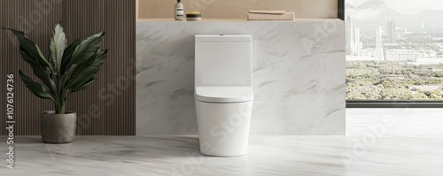 A modern bathroom featuring a sleek white toilet against a minimalist backdrop of marble and wood, complemented by a potted plant.