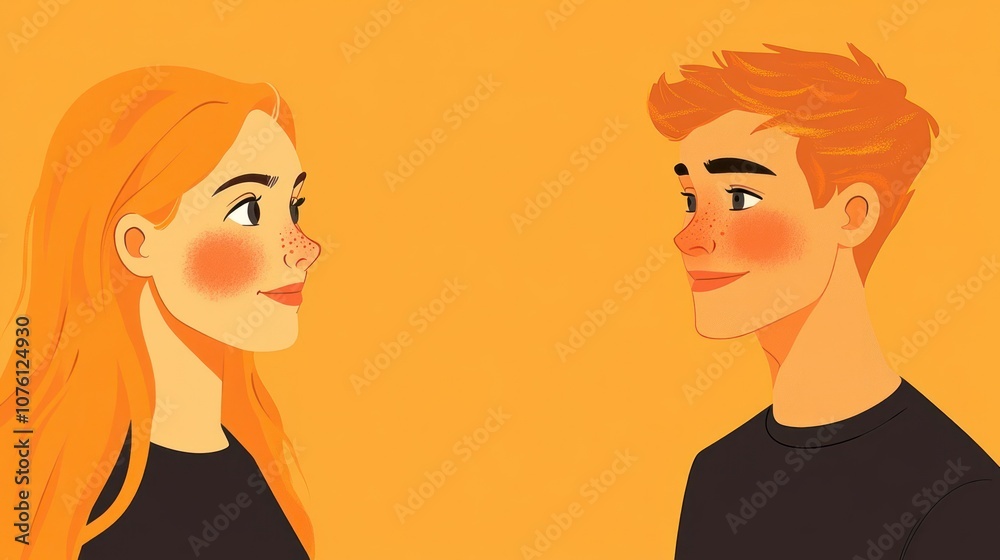 A digital illustration of a boy and girl gazing at each other against a bright orange background. A digital illustration of a boy and girl gazing at each other against a bright orange background.