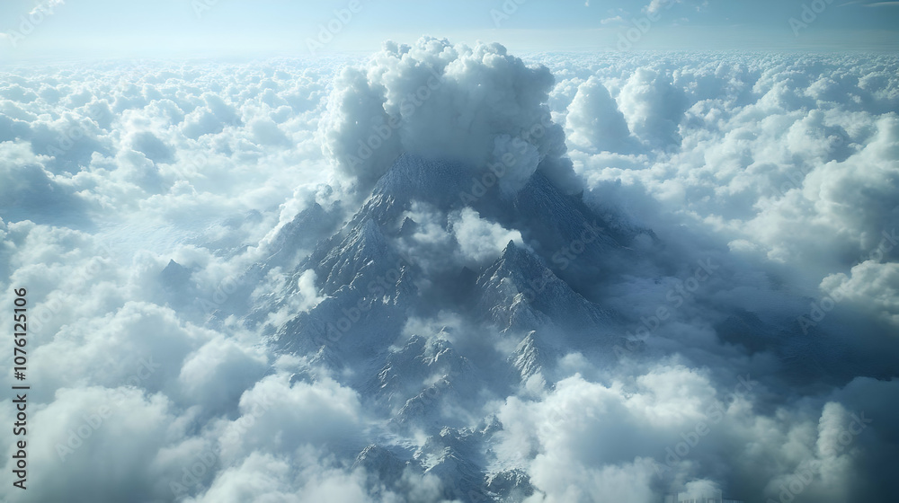 Naklejka premium Snowy Mountain Peak Emerging from Clouds 3D Illustration