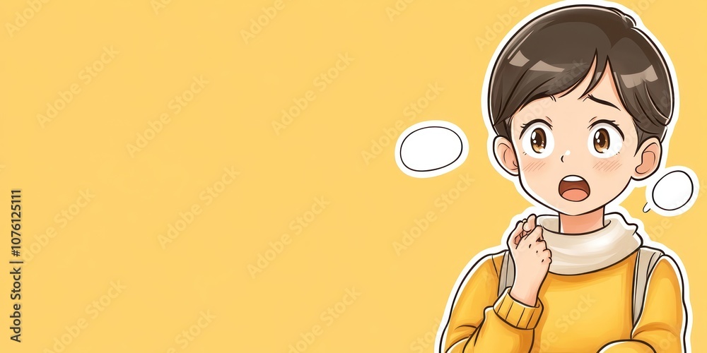 A surprised character in a yellow sweater, expressing concern or curiosity. A surprised character in a yellow sweater, expressing concern or curiosity.