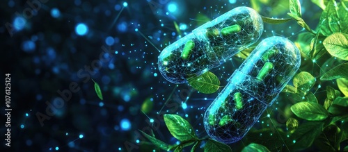 Two glowing capsules, made of green leaves, are surrounded by a dark blue background with bokeh and green foliage.