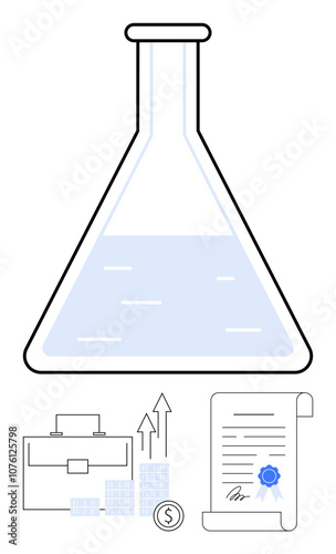 Laboratory flask with liquid, briefcase, bar graphs with rising arrows, coin with dollar sign, and signed document scroll. Ideal for research, innovation, business growth, finance legal matters