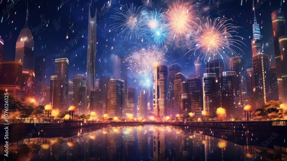 Cityscape with Fireworks