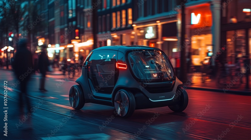 Fototapeta premium A Dutch angle shot of a compact urban electric car with foldable wheels for easy parking, AI Generative.