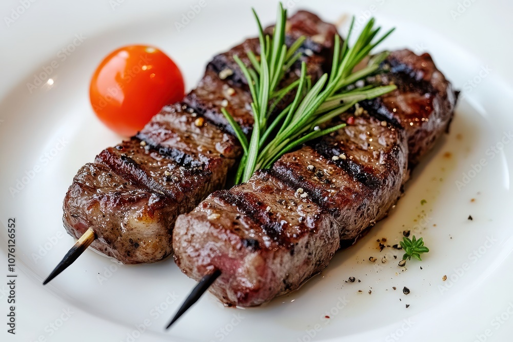 Close-up of steak skewers with rosemary and cherry tomato on white plate Close-up of steak skewers with rosemary and cherry tomato on white plate