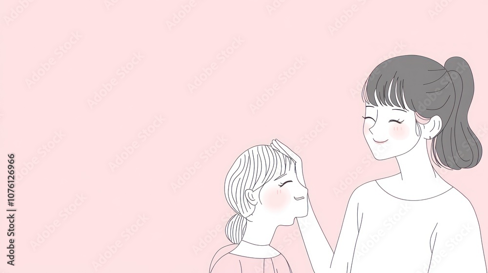 A tender moment between a mother and daughter against a soft pink background. A tender moment between a mother and daughter against a soft pink background.