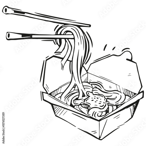 Noodles being picked up with chopsticks from a takeout box in a minimalistic kitchen setting