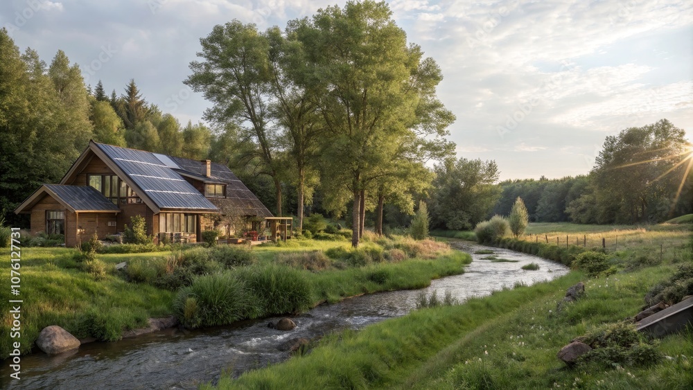 Serene Eco-Friendly Landscape with Cozy House, Lush Trees, Flowing Stream, and Sustainable Solar Energy Features Serene Eco-Friendly Landscape with Cozy House, Lush Trees, Flowing Stream, and Sustainable Solar Energy Features