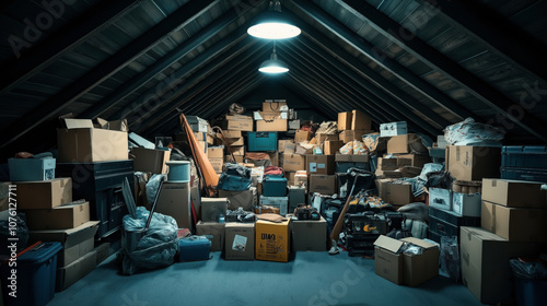 Cluttered attic filled with cardboard boxes, plastic bins, and various stored items under sloped wooden ceiling with overhead lighting.