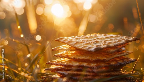 A stack of matzah crackers are placed on a bed of dewy grass with a blurred background of a sunset.
