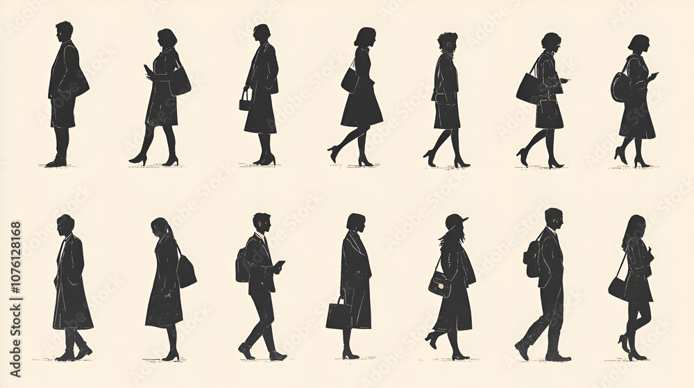 Diverse Silhouettes of Urban Professionals Walking in Fashionable Clothing Diverse Silhouettes of Urban Professionals Walking in Fashionable Clothing