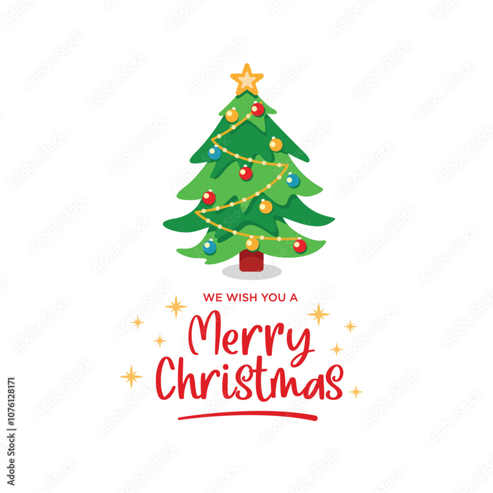 Merry Christmas greeting card with christmas tree and congratulatory text decorated with starlight. Vector flat illustration, can be used for Christmas greeting cards or Christmas themed designs Merry Christmas greeting card with christmas tree and congratulatory text decorated with starlight. Vector flat illustration, can be used for Christmas greeting cards or Christmas themed designs
