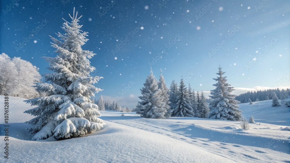 Obraz premium Serene Winter Wonderland: Idyllic White Christmas Trees in Snowy Forest Under Blue Sky