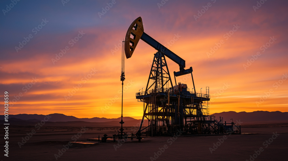 Silhouette of an oil pumpjack in a desert landscape during sunset with vibrant orange and purple sky. Mountains visible in the background, highlighting industrial energy production. Silhouette of an oil pumpjack in a desert landscape during sunset with vibrant orange and purple sky. Mountains visible in the background, highlighting industrial energy production.