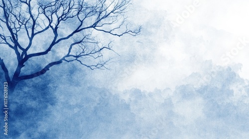 A solitary tree branch stretches across a misty, ethereal landscape, AI