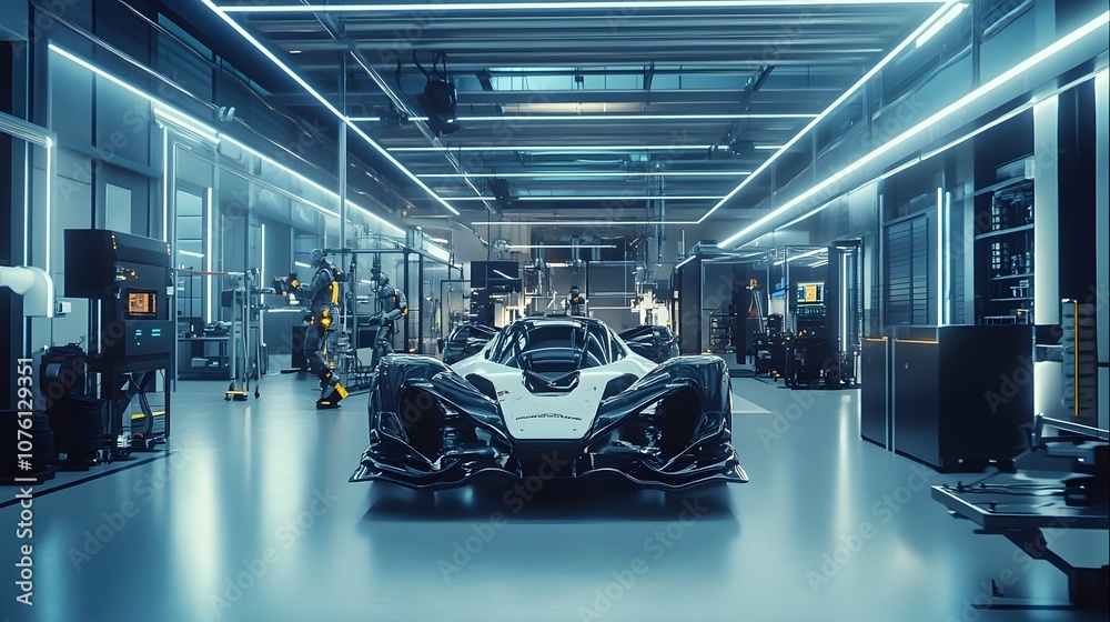 Fototapeta premium Futuristic Race Car in High Tech Industrial Garage Setting