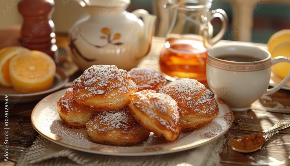 A plate of mini pancakes dusted with powdered sugar, served with a cup of tea, orange slices, and a honey dispenser on a rustic wooden table. A plate of mini pancakes dusted with powdered sugar, served with a cup of tea, orange slices, and a honey dispenser on a rustic wooden table.
