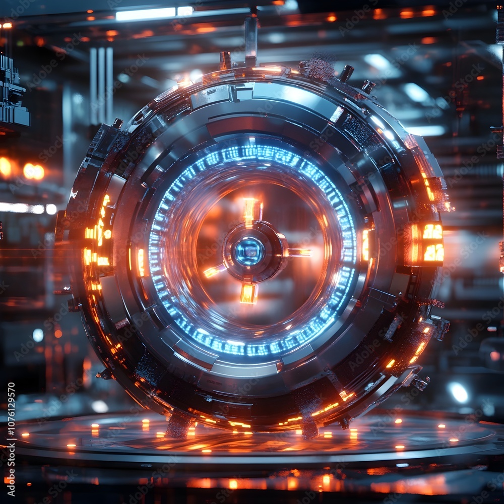 Fototapeta premium Glowing Futuristic Sphere with Radiant Electromagnetic Energy Waves in Industrial Setting