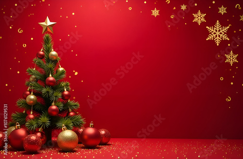 Merry christmas greeting. Banner with gold and red Christmas symbols and text. Christmas tree, balls, golden confetti and snowflakes .
