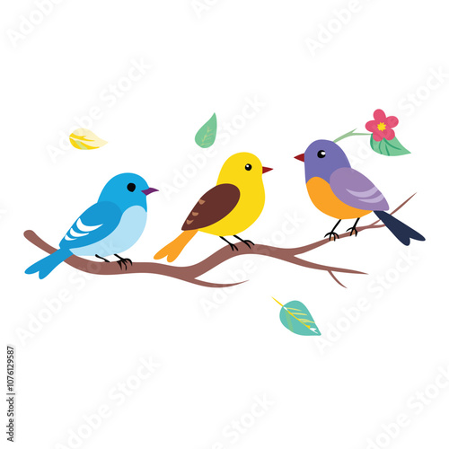 Colorful birds perched on a branch illustration, Vector illustration of three vibrant birds sitting on a branch with leaves, representing nature, wildlife, and colorful outdoor scenery.
