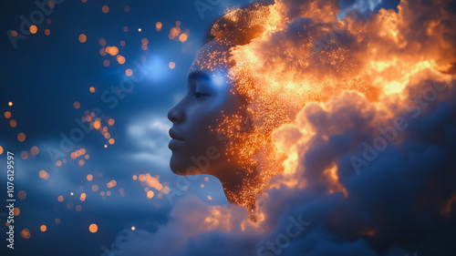 A woman's face is shown in a cloud of fire, with a blue sky in the background. Concept of mystery and wonder, as the woman's face is obscured by the swirling clouds of fire