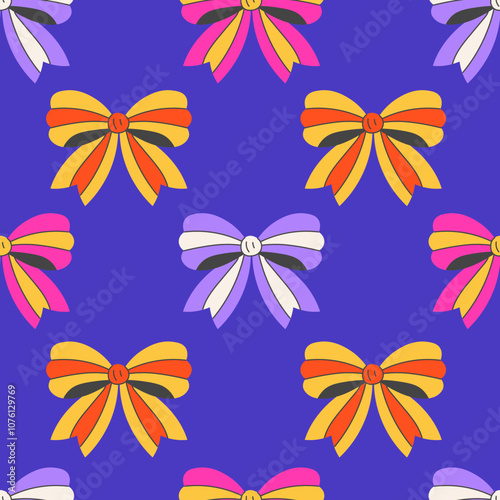 Vibrant Decorative Bows Seamless Pattern. Modern bright festive background with colorful tied knots and ribbons. Party fun playful texture. Repeat vector illustration