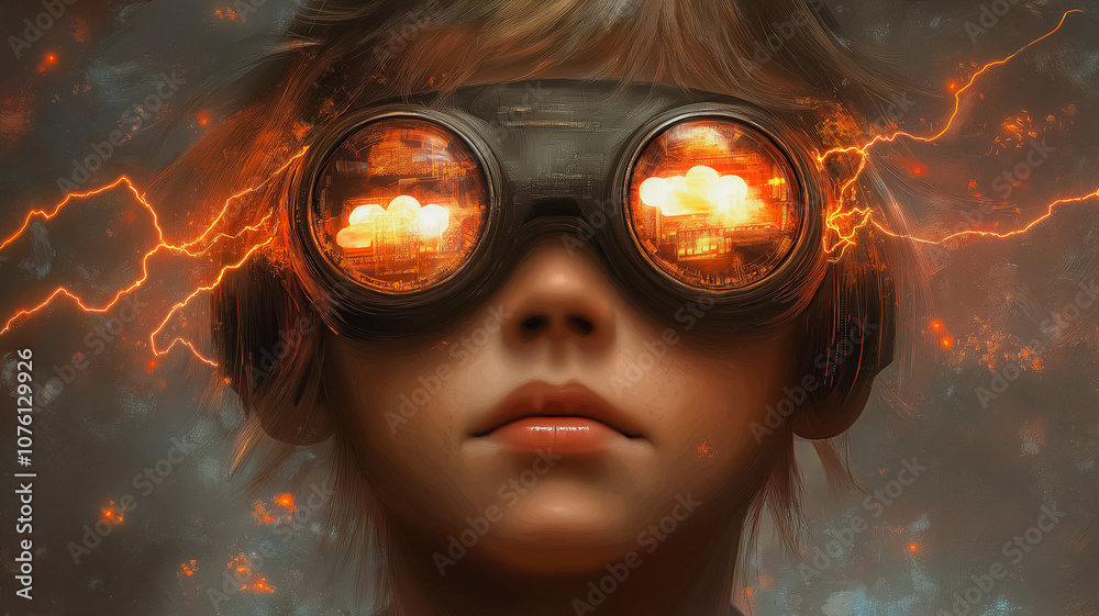 A young boy with orange goggles on his face. The goggles are glowing with a bright orange light A young boy with orange goggles on his face. The goggles are glowing with a bright orange light