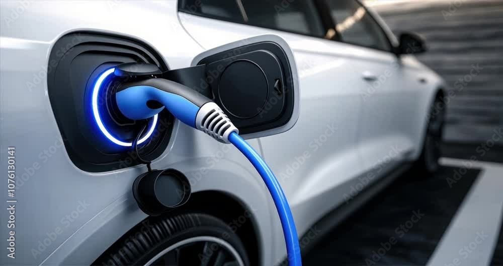 Electric vehicle charging at the station and cable connected to EV port energy transfer to car battery, eco friendly transportation, clean energy, EV charging station