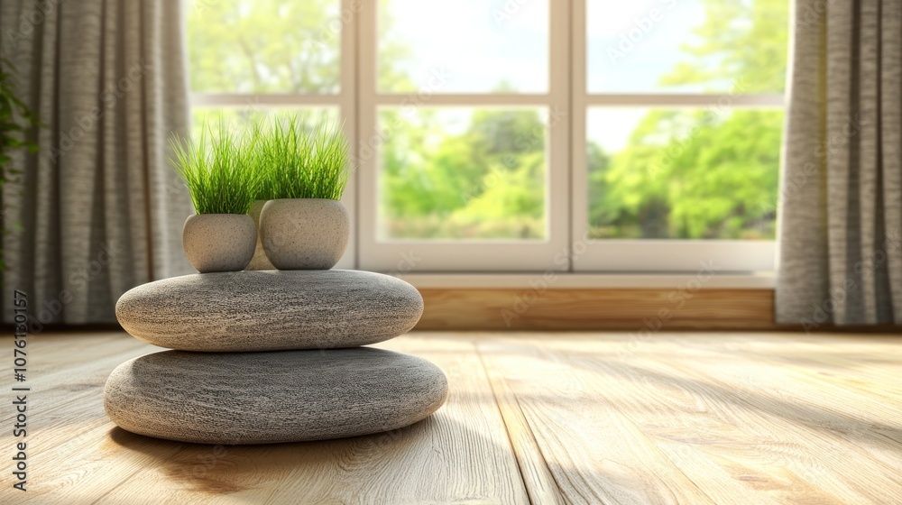 A serene indoor scene featuring stacked stones and potted grass, promoting tranquility. A serene indoor scene featuring stacked stones and potted grass, promoting tranquility.