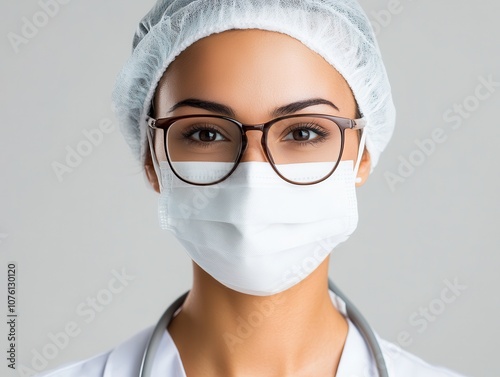 A healthcare professional wearing glasses, a surgical mask, and a cap, conveying a sense of safety and professionalism in a clinical setting.