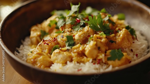 A close-up of a bowl of chicken biryani, an Indian rice dish, garnished with parsley