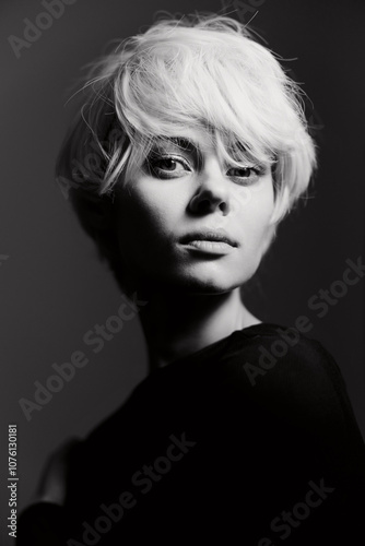 Confident young woman with short white hair posing in moody black and white lighting, showcasing a strong, expressive look. Artistic portrait concept.