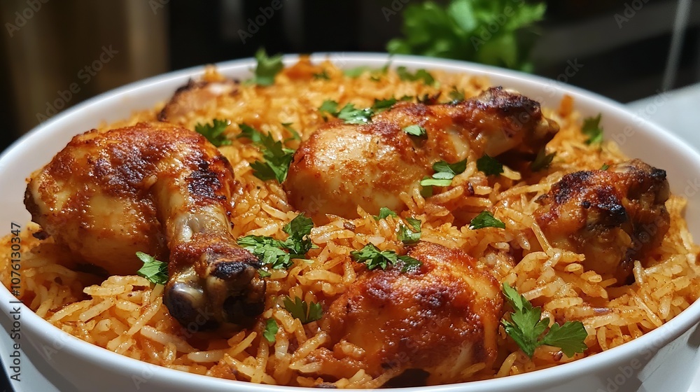 A close-up of a bowl of chicken biryani, an Indian rice dish, garnished with parsley A close-up of a bowl of chicken biryani, an Indian rice dish, garnished with parsley