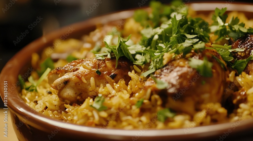 A close-up of a bowl of chicken biryani, an Indian rice dish, garnished with parsley A close-up of a bowl of chicken biryani, an Indian rice dish, garnished with parsley