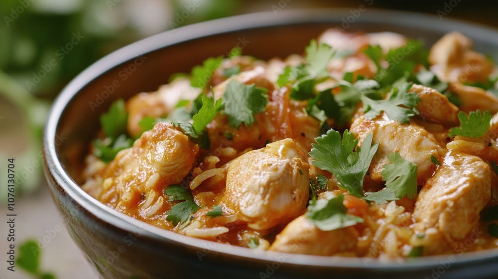 A close-up of a bowl of chicken biryani, an Indian rice dish, garnished with parsley