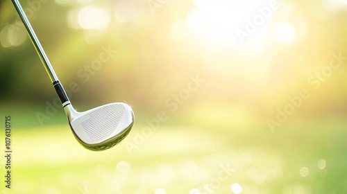 Close-up of golf club in dynamic swing arc, sunlight glinting, club arc swing, motion and reflection photo