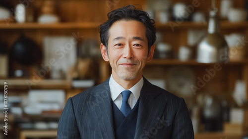 A man in a suit and tie is smiling for the camera. He is standing in front of a shelf full of items