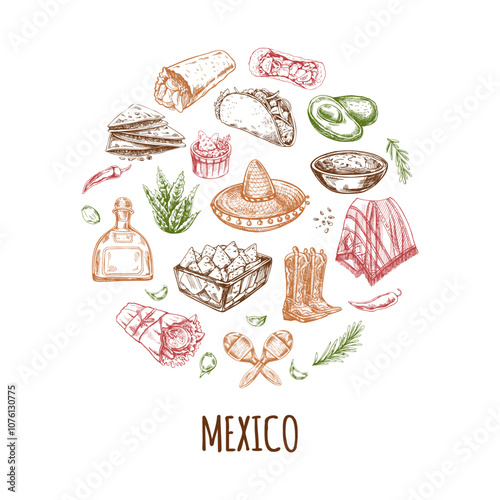 Colored elements in circle.  Realistic mexican dishes and products. Vintage sketch drawings of Latin American cuisine