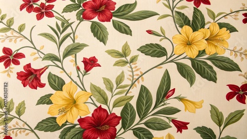 Vibrant Floral Pattern with Red and Yellow Flowers on Beige Background for Decorative Art, Textiles, and Home Decor