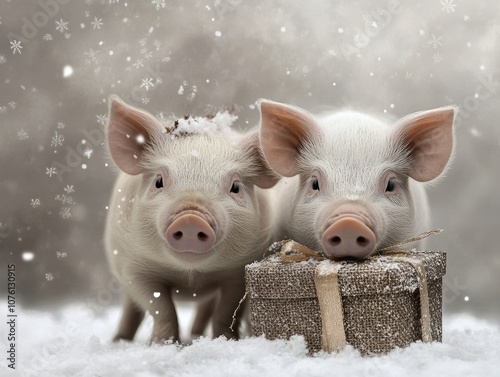 Two white pigs are standing in the snow, one of them holding a brown box