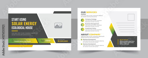 Corporate solar panel postcard design, creative eco energy or green energy eddm postcard template layout