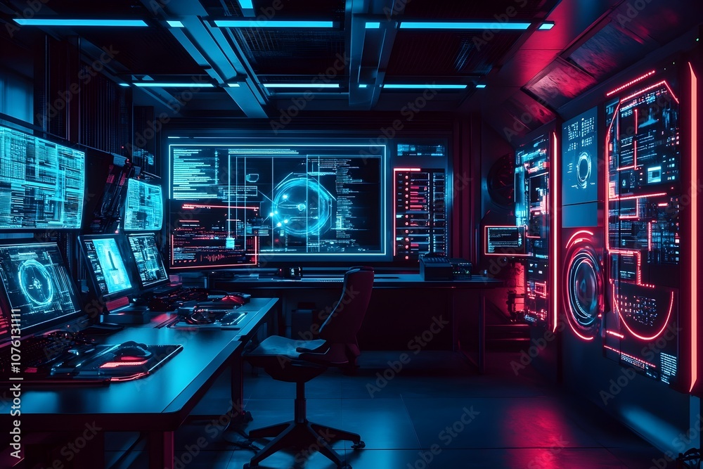 Futuristic Command Center with Glowing Digital Interfaces Futuristic Command Center with Glowing Digital Interfaces
